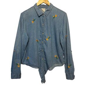 VTG Harper Heritage Women XL Denim Shirt Yellow Rose Embroidery Asymmetrical Hem